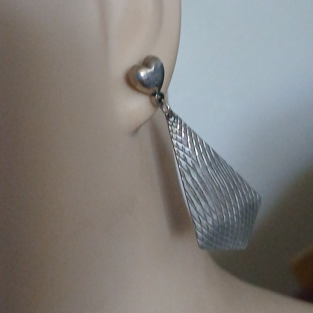 Sterling Silver Puffy Heart Post Dangle Earrings Lightweight Vintage